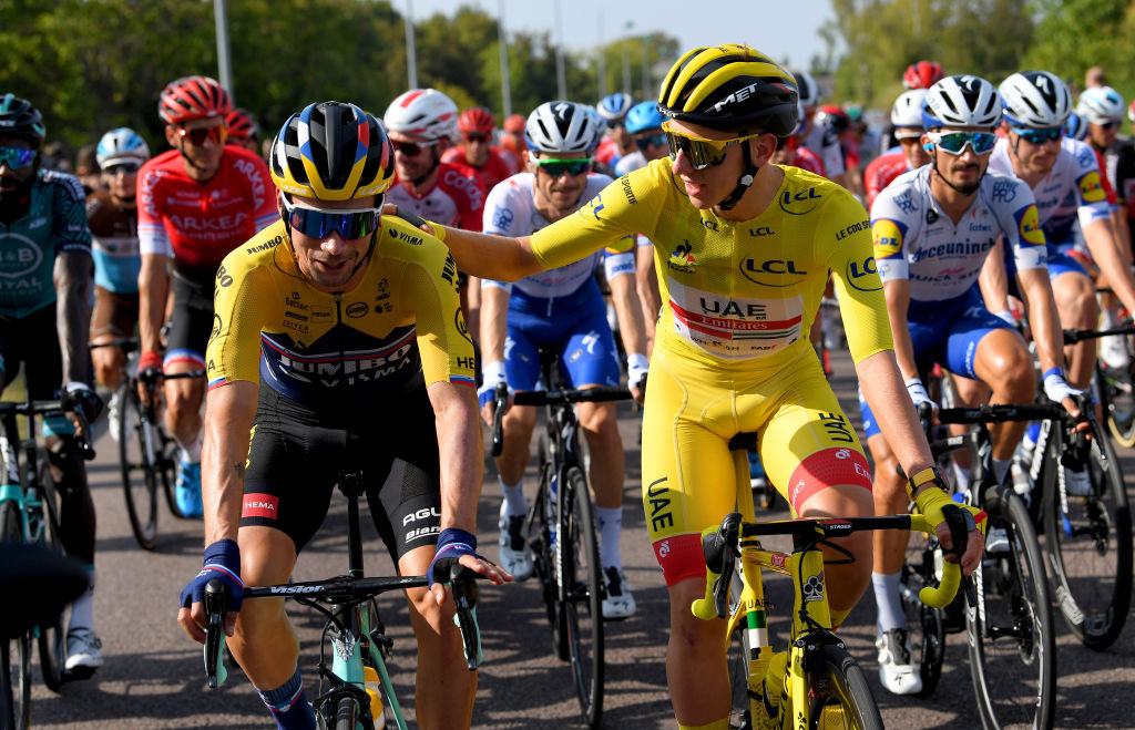 PARIS FRANCE SEPTEMBER 20 Primoz Roglic of Slovenia and Team Jumbo Visma Tadej Pogacar of Slovenia and UAE Team Emirates Yellow Leader Jersey during the 107th Tour de France 2020 Stage 21 a 122km stage from MantesLaJolie to Paris Champslyses TDF2020 LeTour on September 20 2020 in Paris France Photo by Tim de WaeleGetty Images