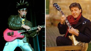 Carlos Alomar shreds on a pink Superstrat [left]. Paul McCartney poses with a Goldtop.