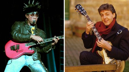 Carlos Alomar shreds on a pink Superstrat [left]. Paul McCartney poses with a Goldtop.