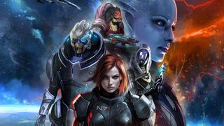 Shepard, Liara, Tali, Garrus, and Wrex on the cover of Mass Effect the board game