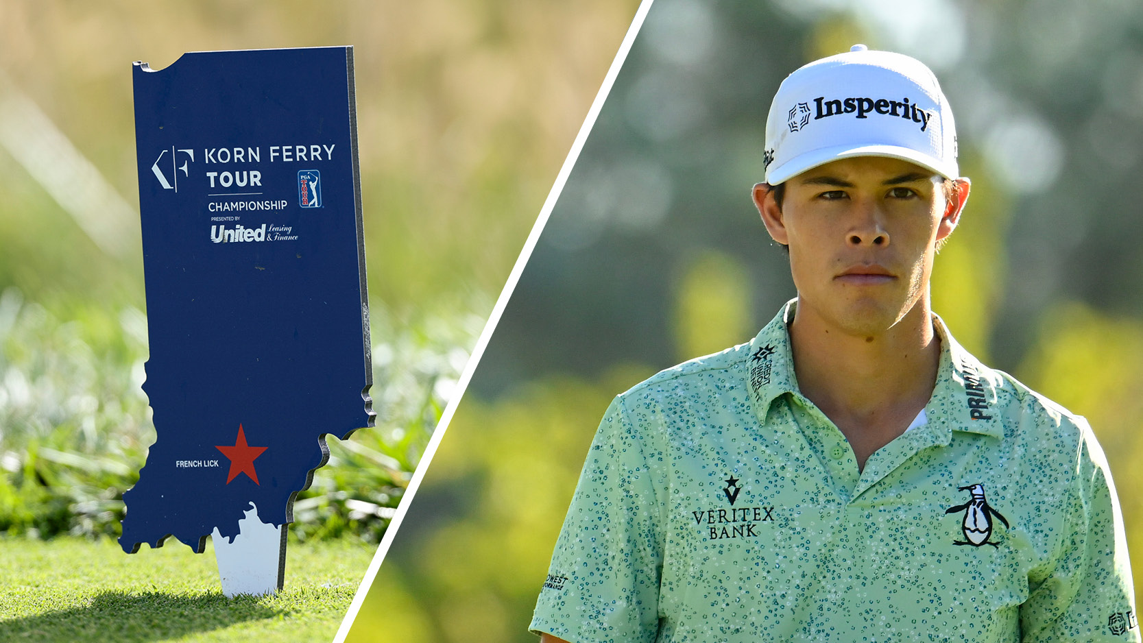 (left) A Korn Ferry Tour Championship tee marker and a headshot of Johnny Keefer (right)