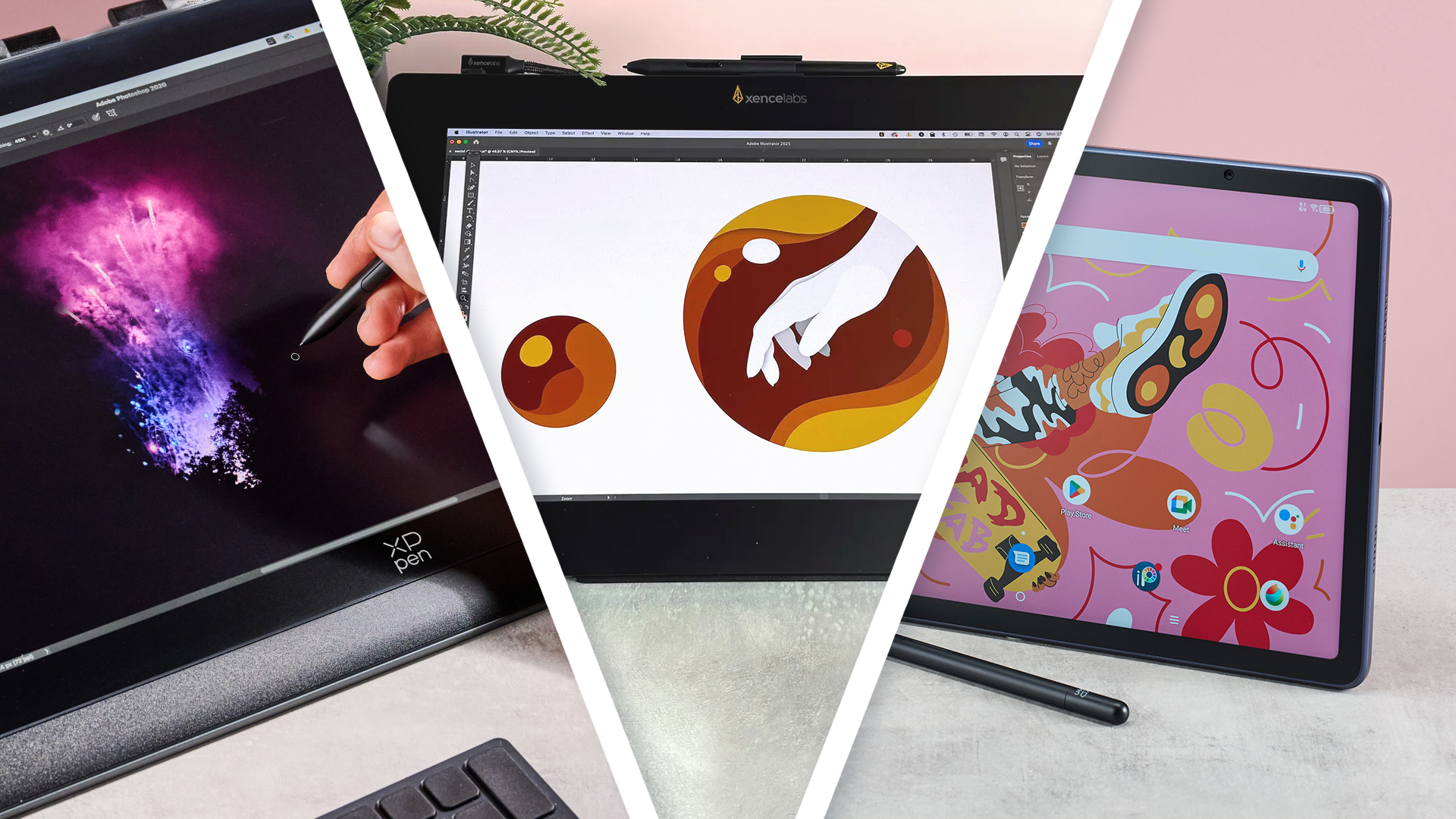 A triptych image of the XPPen Artist Pro 19 Gen 2, Xencelabs Pen Display 16 and XPPen Magic Drawing Pad.