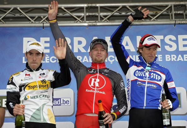 The Brabantse Pijl podium: Thomas De Gendt (Topsport Vlaanderen-Mercator), Sebastien Rosseler (RadioShack) and Jurgen Van de Walle (Quick Step)