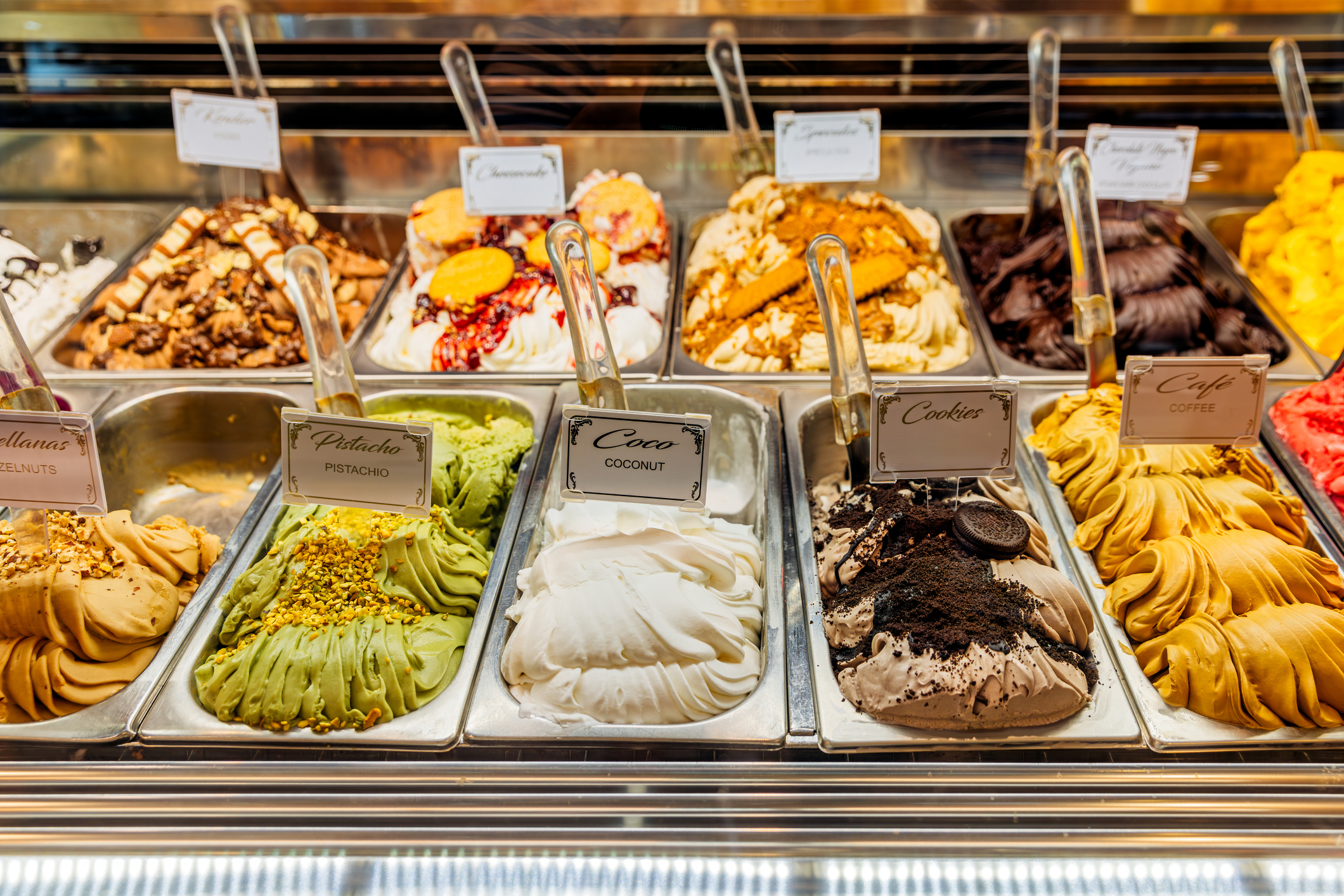 Variety of Gelato Ice Cream flavours in the fridge at the ice cream shop
