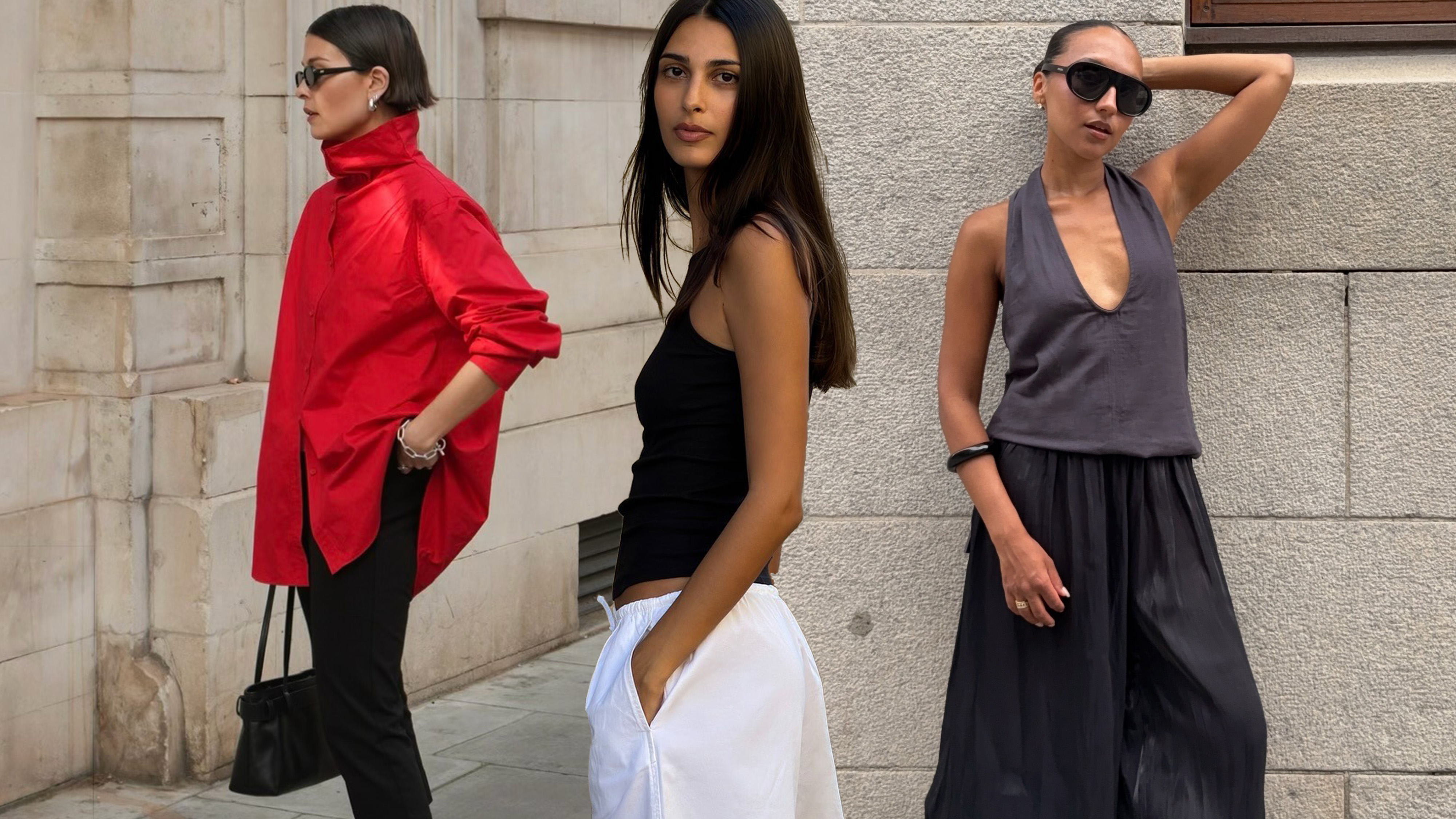 The best non-denim trends for summer are shown in a collage of women's outfits with different types of pants.