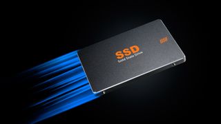Abstract image of an SSD flying quickly through the air on a black background