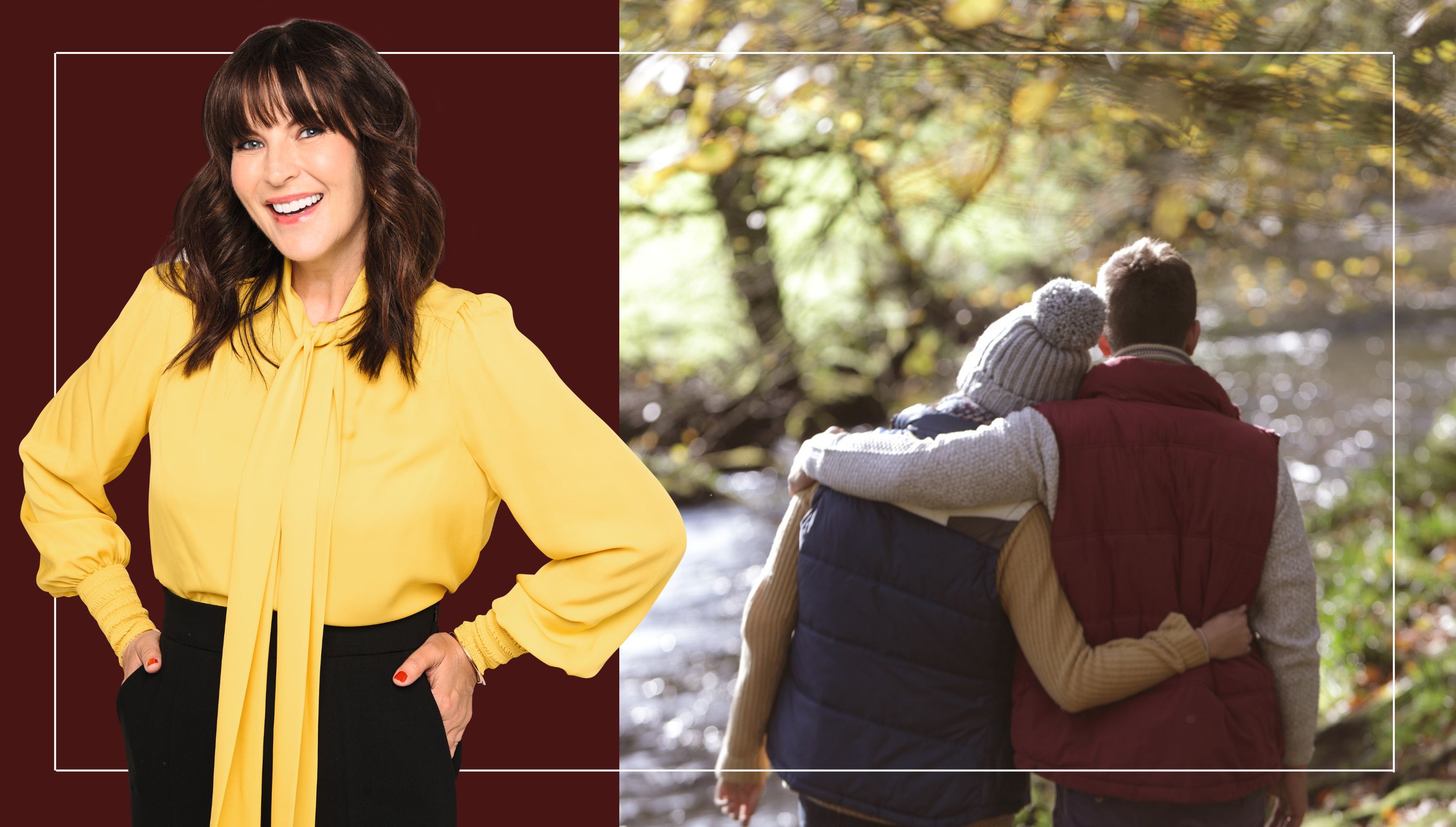 Anna Richardson smiles beside a photo of a couple taking a cold-weather walk beside a stream