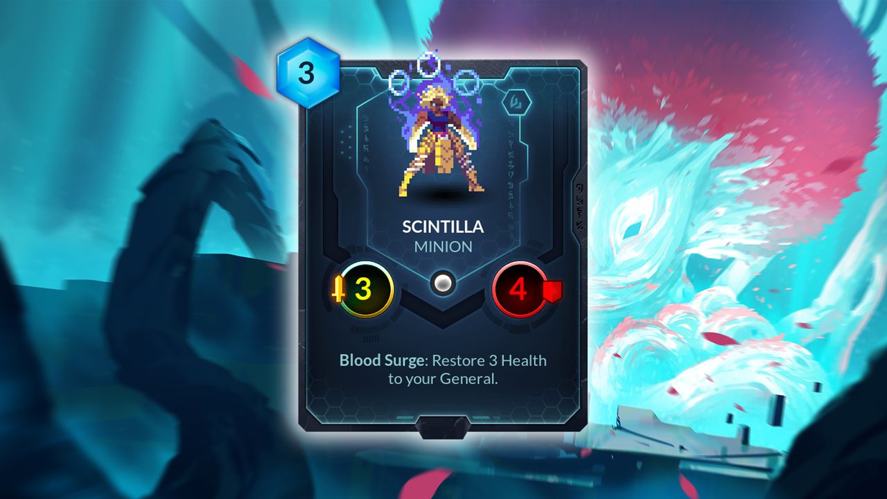 Scintilla (Lyonar) &mdash; A common minion that lends some love to the healing Lyonar decks. Compared to the other cards we are revealing, Scintilla isn't very flashy, but it's a card that could find a comfy home in a slower Zir'an deck. Her Bloodborn Spell would now cause minions with effects that activate form healing to proc twice, which could help those decks find a stronger foothold in the meta.