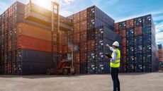 Hardhat worker pointing at shipping containers