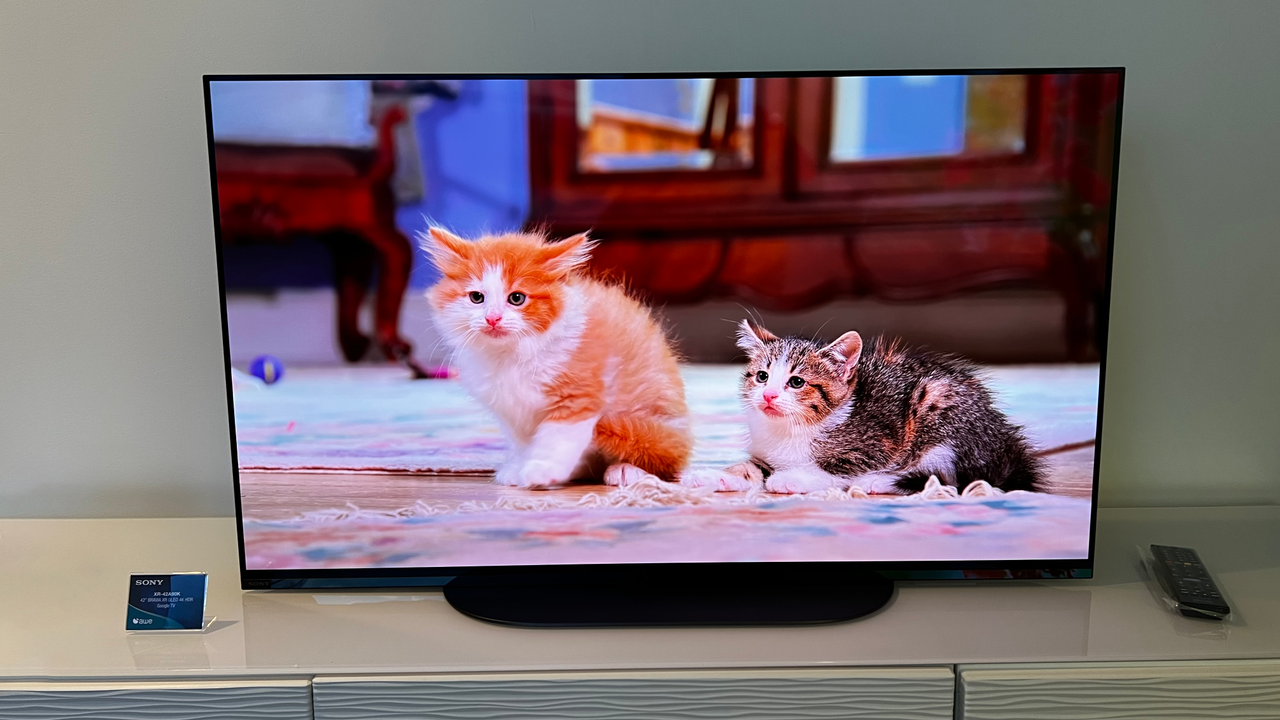 Sony A90K sitting on table, showing pictures of adorable kittens