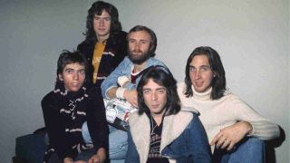 Genesis posing for a photo backstage in 1975