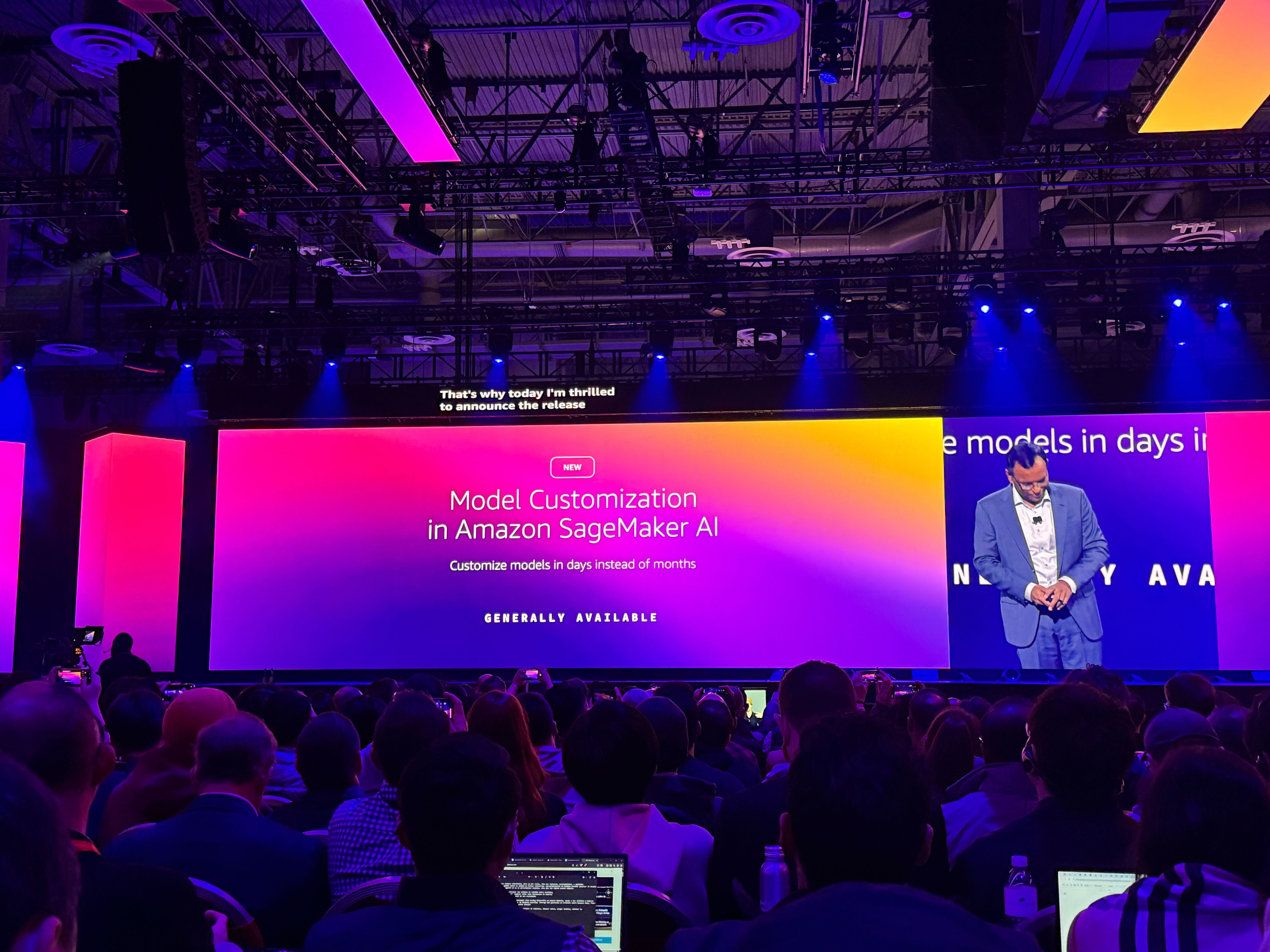Swami Sivasubramanian announcing new model customization features for Amazon SageMaker AI at AWS re:Invent 2025.