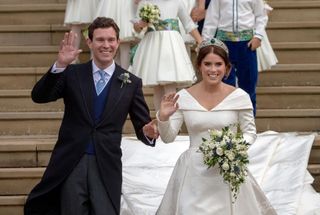 Princess Eugenie and Jack Brooksbank greet crowds from steps of St George's Chapel on their wedding day