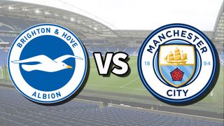 The Brighton & Hove Albion and Manchester City club badges on top of a photo of The Amex Stadium in Brighton, England