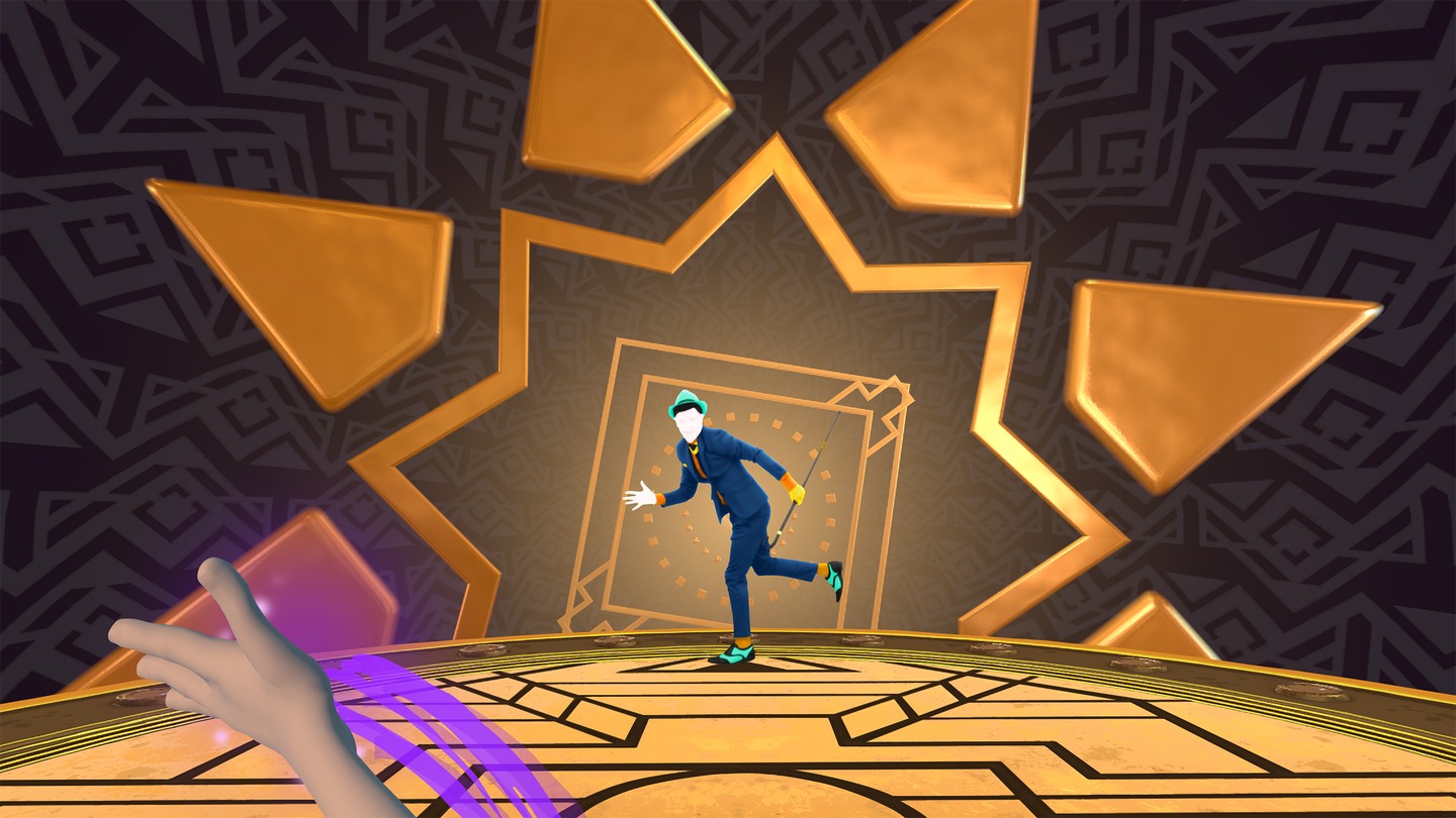 A white man in a top hat dancing in a gold room