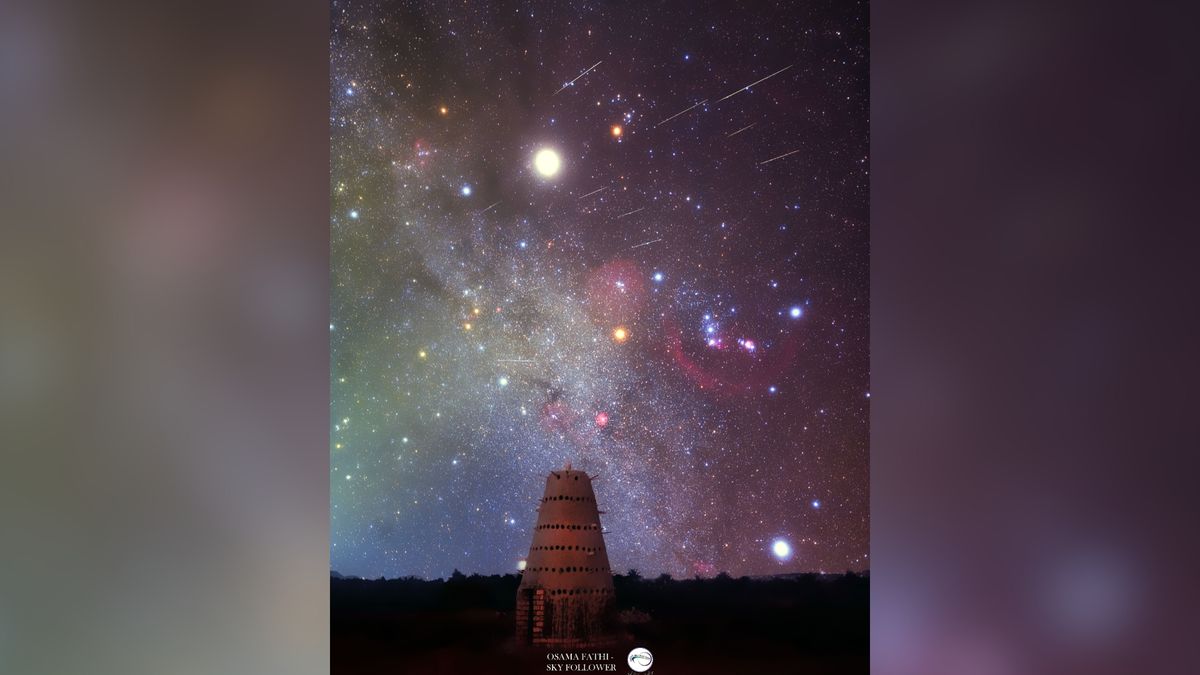 Geminid meteor shower with bright streaks of light through a star studded and colorful sky. 