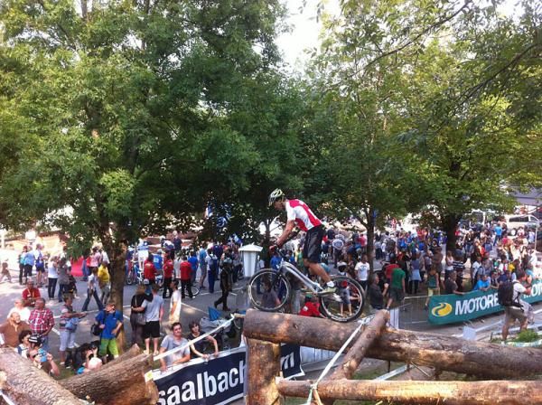A Swiss trials rider in action. Trials events are being held in downtown Saalfelden