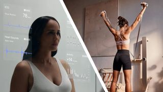 A woman looking at a Withings smart mirror next to a person working out on the Amp Fitness machine