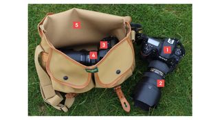 Photograph of equine photographer Emma Campbell's camera bag, taken during a photoshoot at Caldbeck Common in Cumbria, England