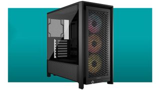 A Corsair gaming PC case on a blue background with RGB fans enabled.