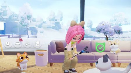 Player playing with cats in Heartopia with a dog in the background