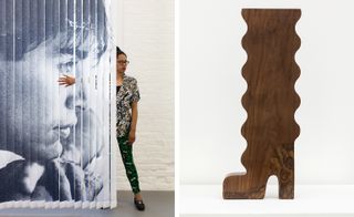 Left: Hamilton steps out. Photography: Lewis Ronald. Courtesy the artist and Hepworth Wakefield. Right: Wavy Walnut Boot, by Anthea Hamilton, 2015. Photography: Sven Laurent