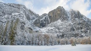 A snow covered meadow under El Capitan in Yosemite
