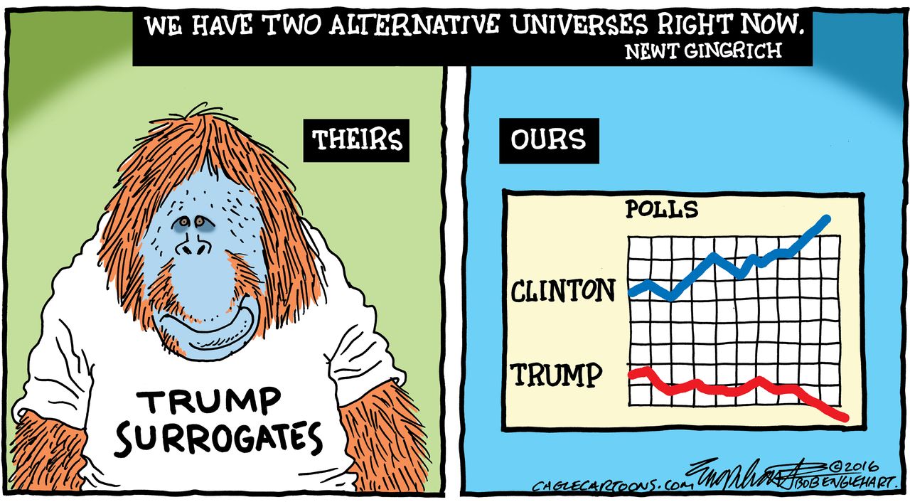 Political cartoon U.S. 2016 election alternative universes