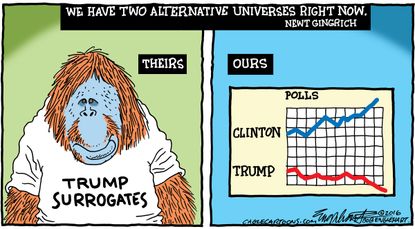 Political cartoon U.S. 2016 election alternative universes