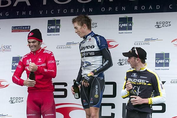 The stage one podium (l-r): Rhys Pollock (2nd,Drapac Porsche), Rohan Dennis (1st,Team Jayco Skins), and Blair Windsor (3rd,Budget Forklifts).