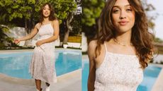 2 images of a woman in a white and floral dress sold at Tillys
