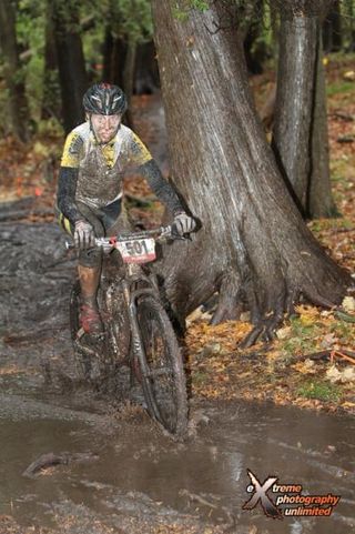 Abby Strigel (Honey Stinger/Bontrager/Pat's Gym) leads through the roots
