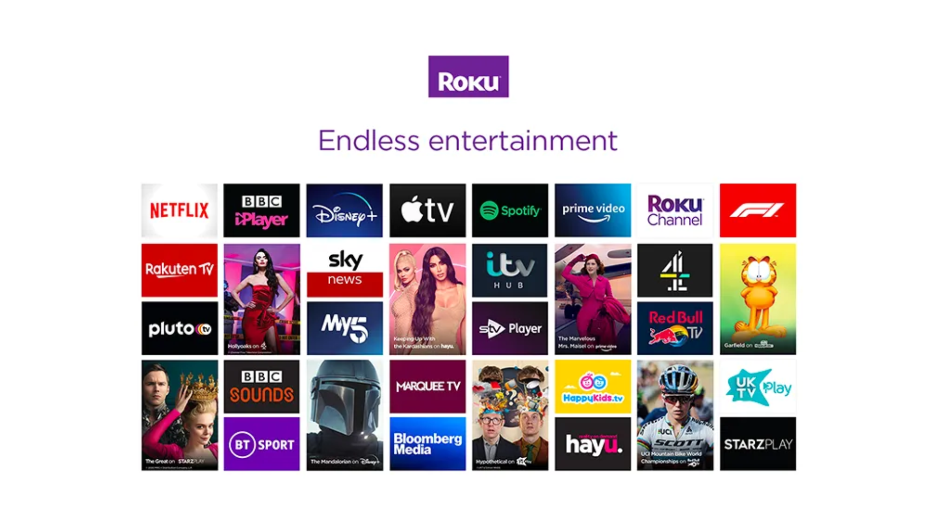 A selection of shows and services you'll find on Roku TV including Apple TV Plus, Disney Plus, Spotify and ITV Hub
