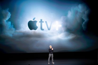 Apple CEO Tim Cook speaks during an event launching Apple tv+ at Apple headquarters on March 25, 2019, in Cupertino, California. 