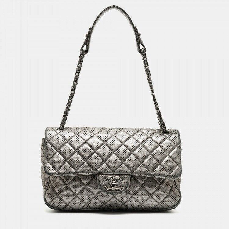 Chanel Silver Perforated Leather Classic Turnlock Flap Shoulder Bag Shw