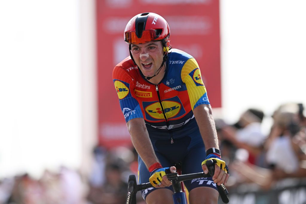 JEBEL HAFEET UNITED ARAB EMIRATES FEBRUARY 23 Giulio Ciccone of Italy and Team LidlTrek crosses the finish line as second place winner during the 7th UAE Tour Stage 7 a 176km stage from Al Ain Hazza Bin Zayed Stadium to Jebel Hafeet 1031m UCIWWT on February 23 2025 in Jebel Hafeet United Arab Emirates Photo by Dario BelingheriGetty Images