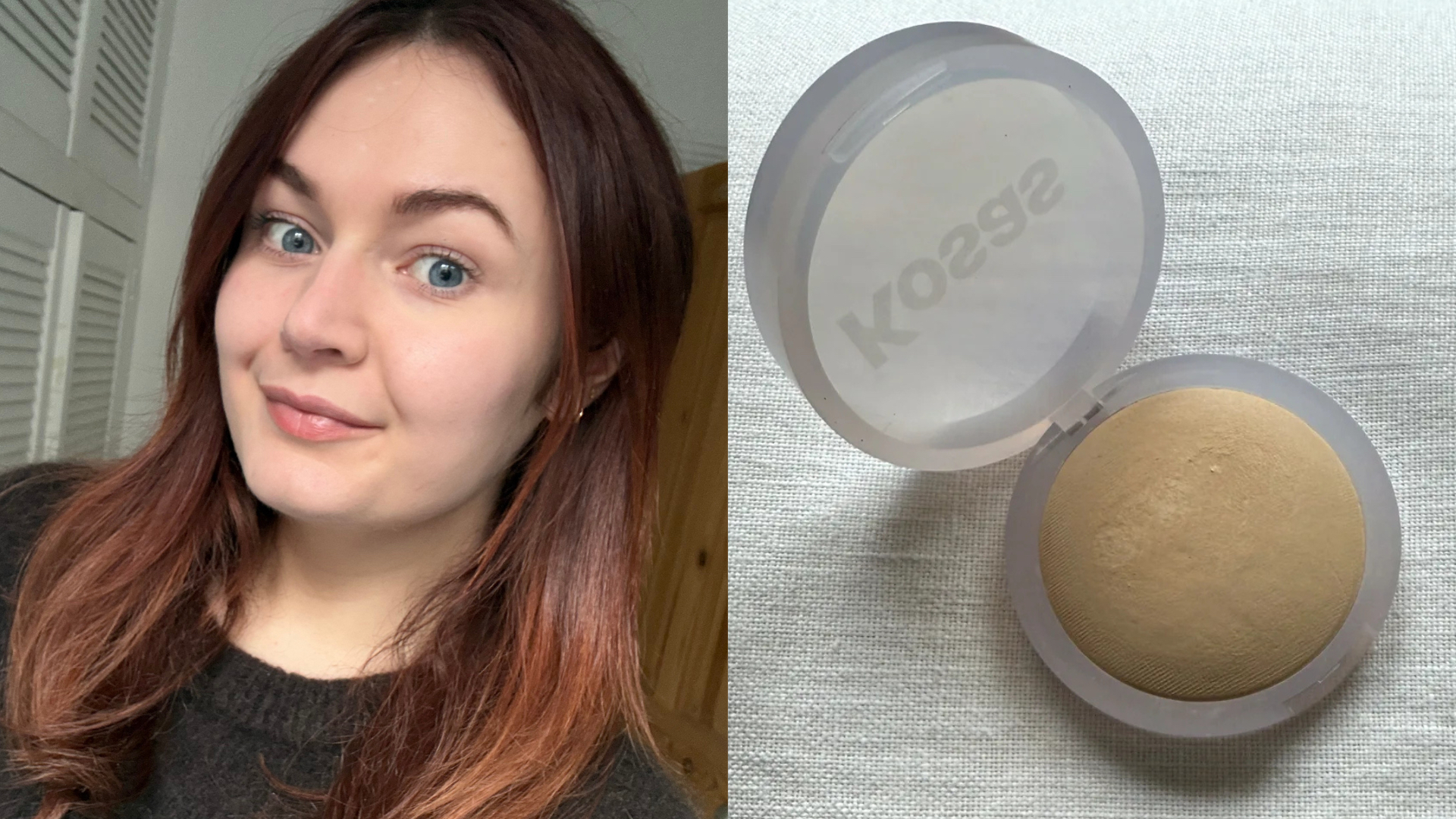 Lucy wearing the Kosas Cloud Baking Powder (left) and the open product (right)