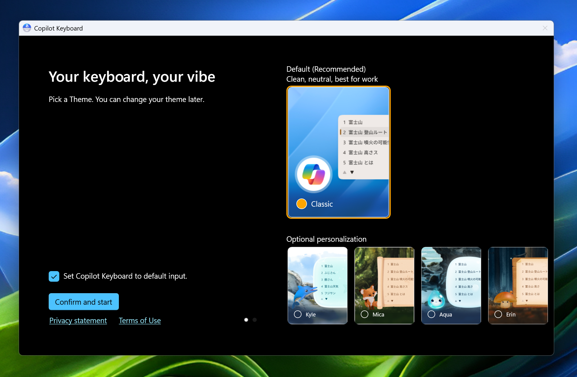Copilot Keyboard interface showcasing AI-powered typing assistant features. Text explains importing settings and cloud-powered enhancements. Speech bubble containing Japanese text suggestions.
