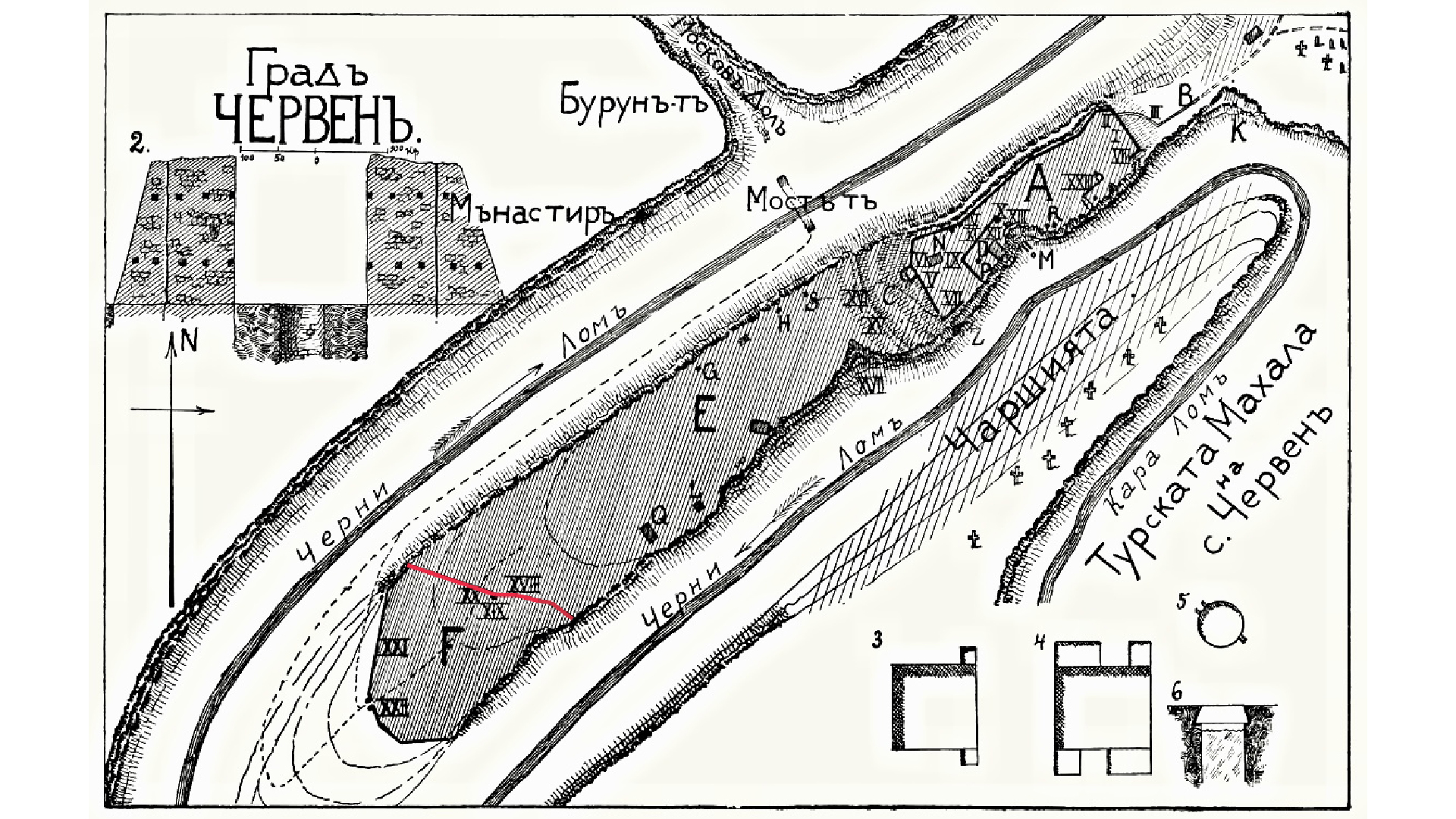 Un mapa que muestra una ciudad medieval en lengua cirílica. 