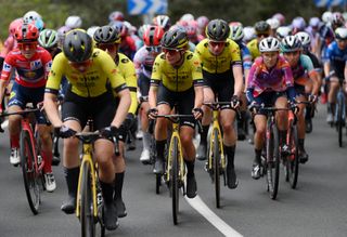 MONCOFAR, SPAIN - APRIL 29: (L-R) Amanda Spratt of Australia, Gaia Realini of Italy and Team Lidl - Trek - Red Leader Jersey and Marianne Vos of The Netherlands and Team Visma | Lease a Bike compete during the 10th La Vuelta Femenina 2024, Stage 2 a 118.3km stage from Bunol to Moncofar / #UCIWWT / on April 29, 2024 in Moncofar, Spain. (Photo by Alex Broadway/Getty Images)