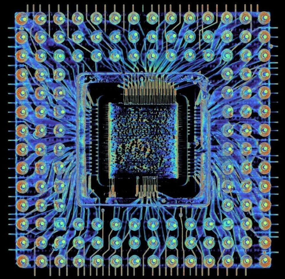 Intel 386 under a CT scan showing a bond wire "halo"
