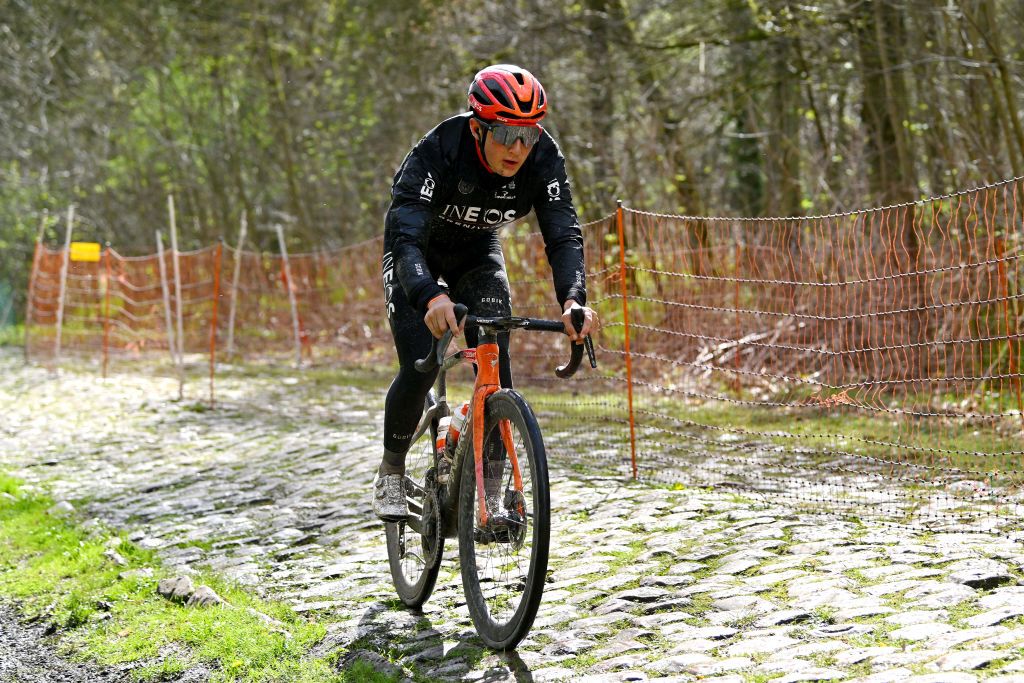ROUBAIX FRANCE APRIL 04 Magnus Sheffield of United States and Team INEOS Grenadiers trains at the Troue dArenberg cobblestones sector during the 121st ParisRoubaix 2024 Previews UCIWT on April 04 2024 in Roubaix France Photo by Luc ClaessenGetty Images
