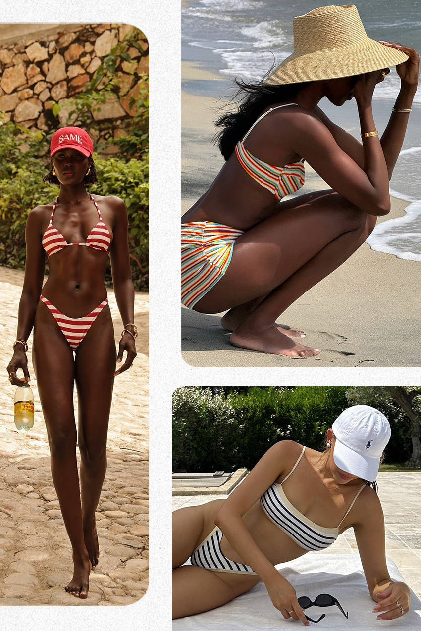 A collage a woman wearing a red hat and a red-and-white striped bikini, a woman crouching on the beach wearing a raffia hat with a nautical striped bikini top and matching shorts, and a woman lying by the pool wearing a blue-and-white striped bikini.