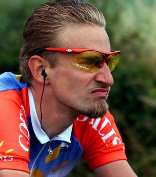 NANTES FRANCE Belgian Franck Vandenbroucke wears glasses as he rides after his short breakaway in the third stage of the 87th Tour de France between Loudun and Nantes western France 03 July 2000 Tom Steels of Belgium won the stage Millar retains the yellow jersey AFP PHOTO PATRICK KOVARIK Photo credit should read PATRICK KOVARIKAFP via Getty Images