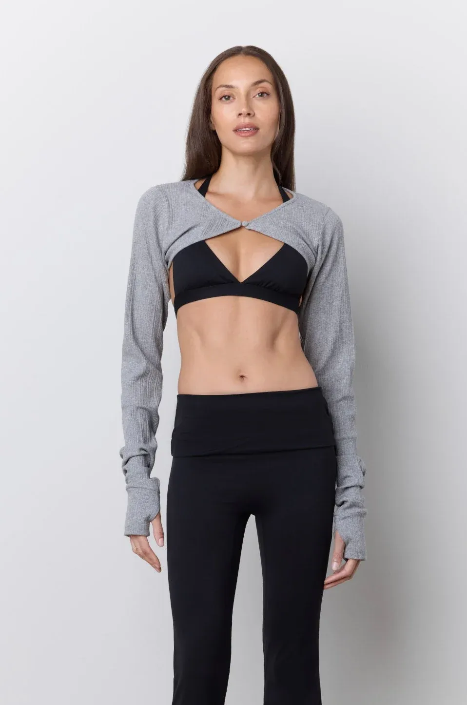 model wearing gray Phe Phe shrug