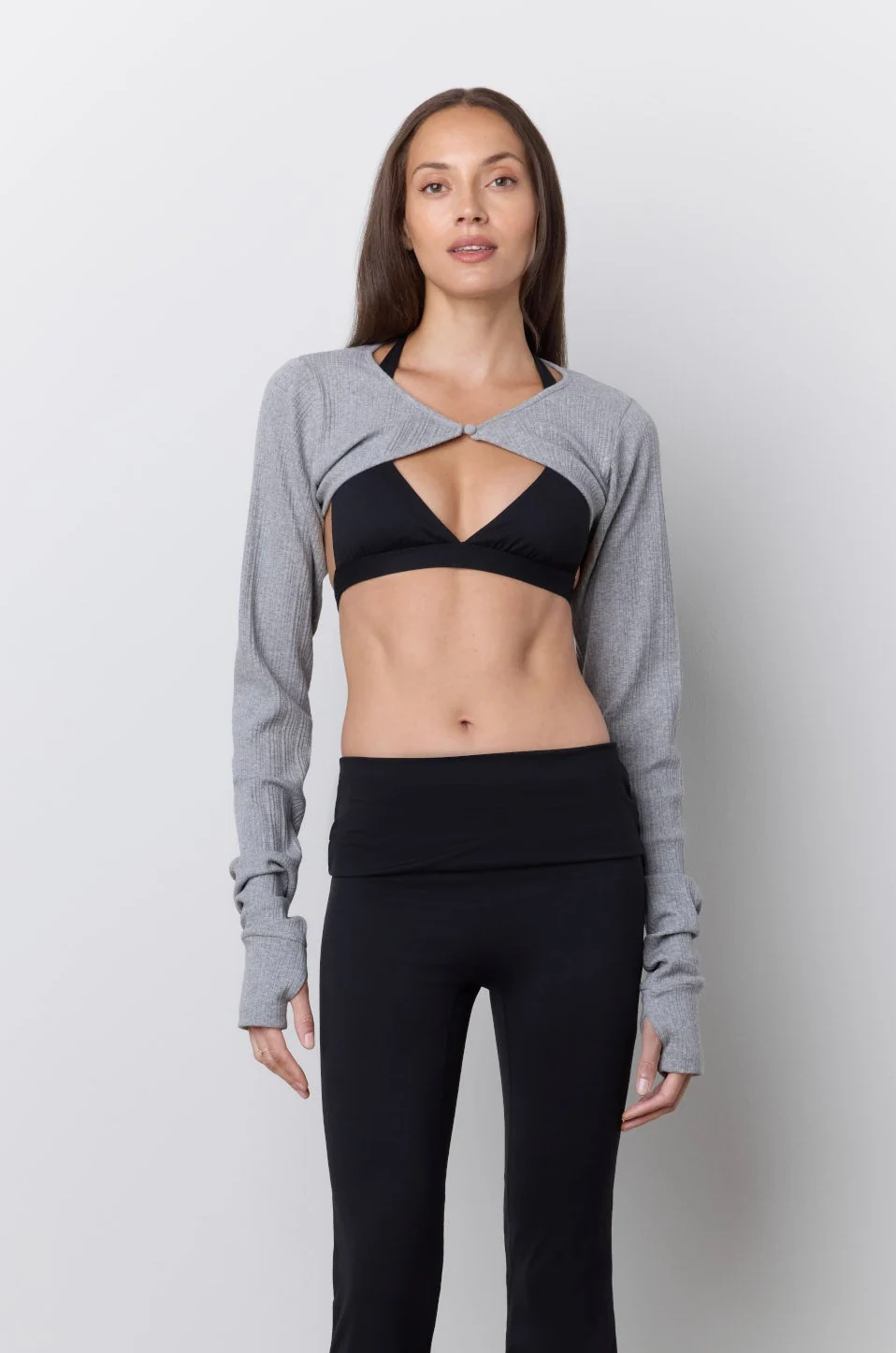 model wearing gray Phe Phe shrug