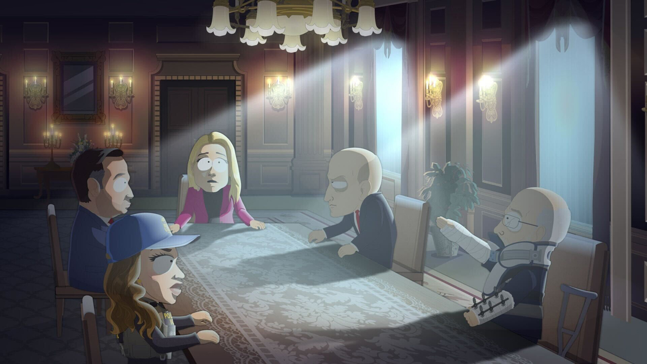 Government employees gather in a shadowy room in South Park &quot;The Woman In The Hat&quot;