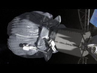 In this conceptual image, the two-person crew uses a translation boom to travel from the Orion spacecraft to the captured asteroid during a spacewalk. Image released Aug. 22, 2013.