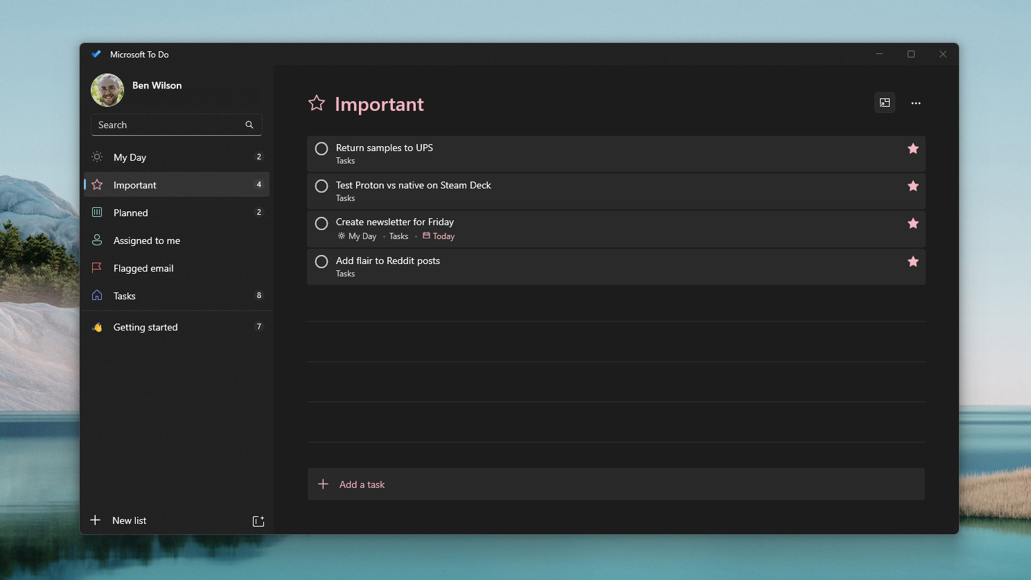 Microsoft To Do app running on Windows 11 with Important tasks highlighted