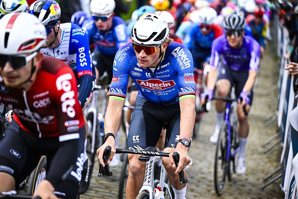 Dutch Mathieu van der Poel of Alpecin-Premier Tech pictured in action during the 'E3 Saxo Bank Classic' one day cycling race, 208,8km from and to Harelbeke, on Friday 27 March 2026. BELGA PHOTO JASPER JACOBS (Photo by JASPER JACOBS / BELGA MAG / Belga via AFP)
